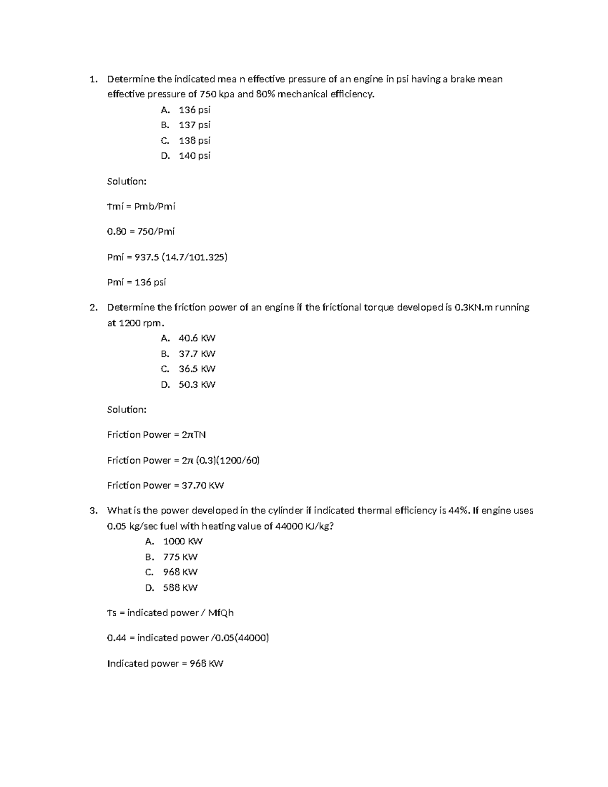 Indicated Mean Effective Pressure and Brake Power Analysis - ME 101 ...