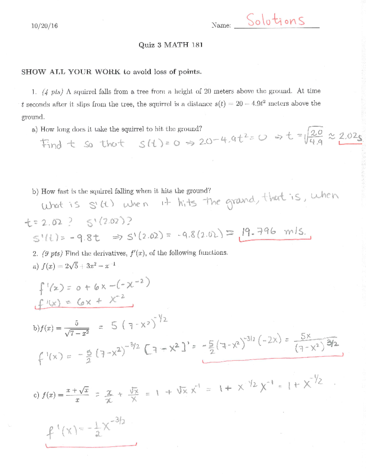 MATH 181 Quiz 3 Solutions with Detailed Work and Answers - Studocu