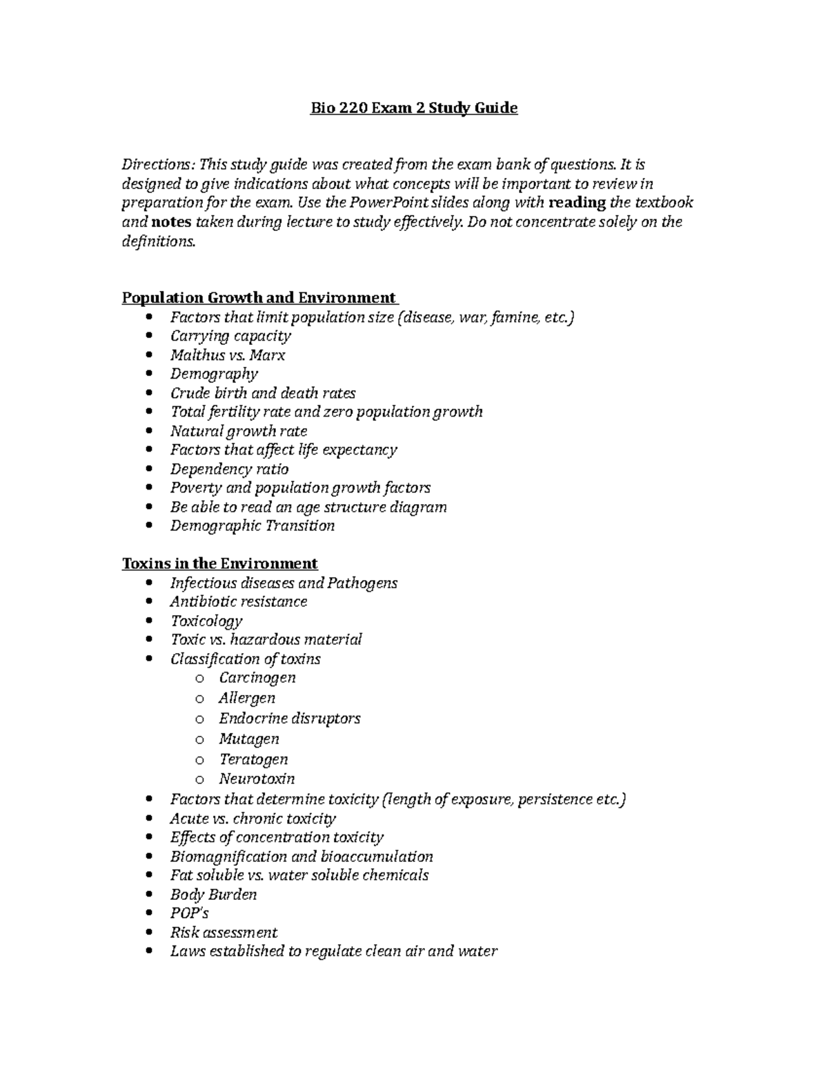 Bio 220 Exam 2 Study guide - Bio 220 Exam 2 Study Guide Directions ...
