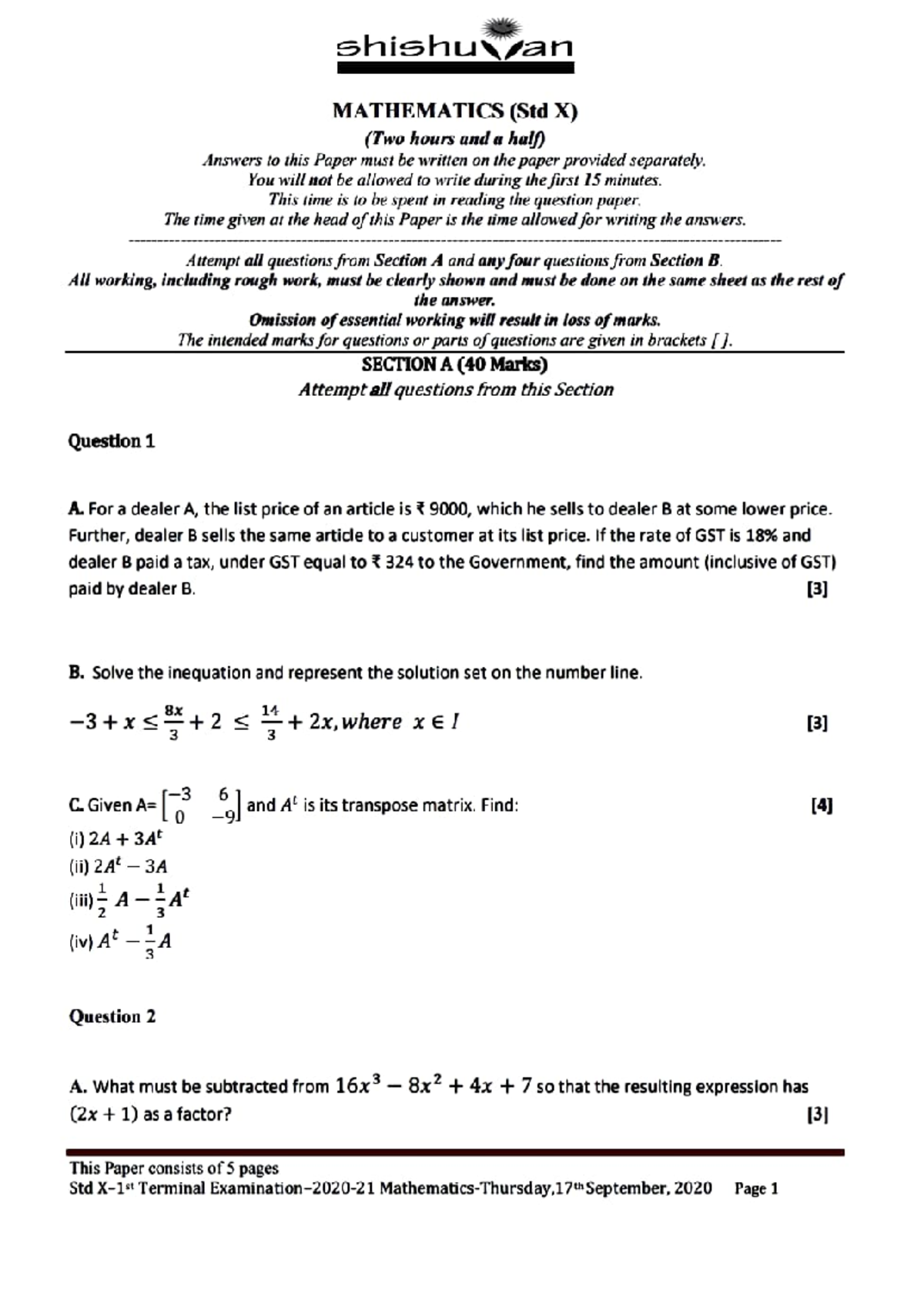 Mathematics Std X Sample Paper 1 with Solutions - Studocu