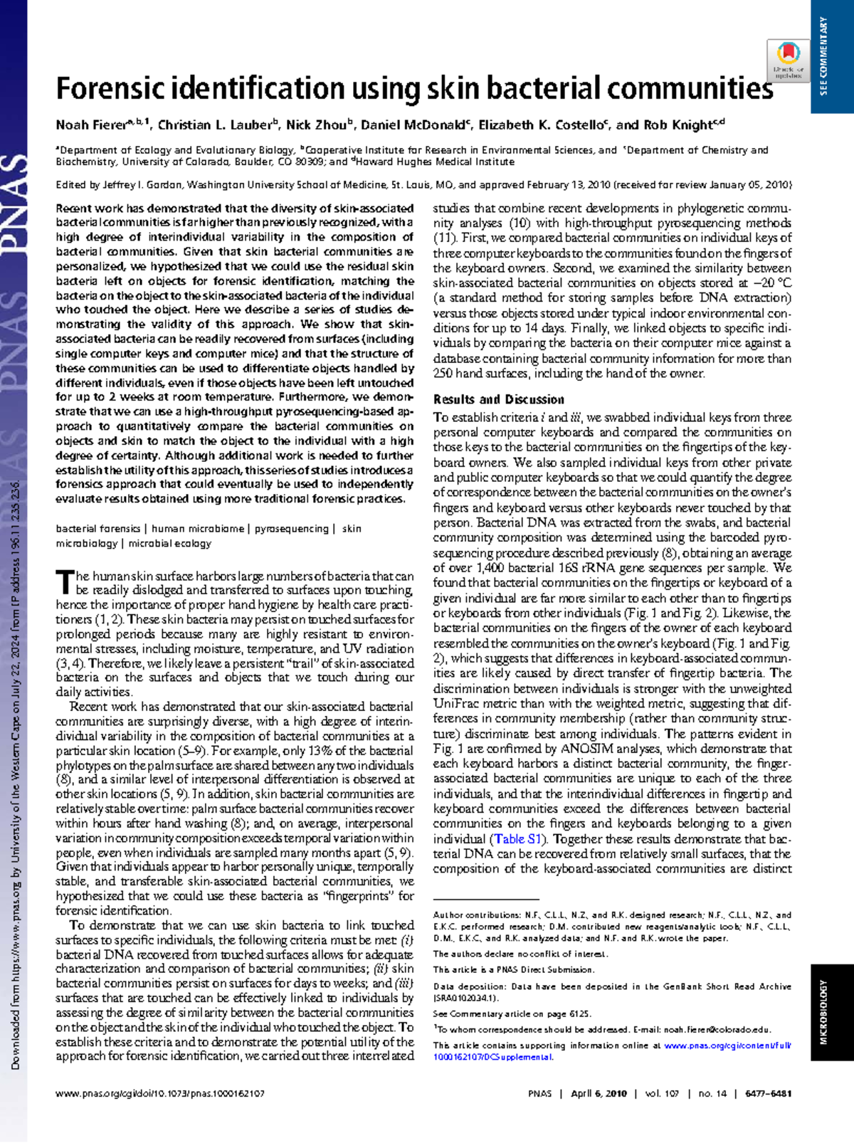 Forensic Identification via Skin Bacterial Communities Analysis - Studocu