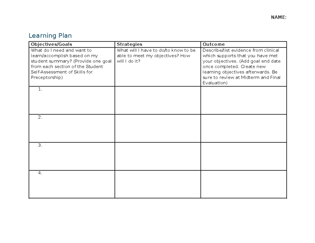 Learning Plan - need answers for workbook - NAME: Learning Plan ...