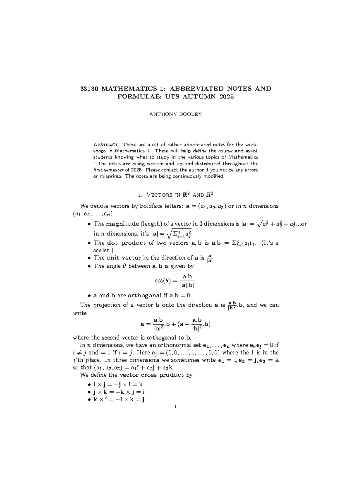 33130 MATHEMATICS 1: ABBREVIATED NOTES & FORMULAE - UTS AUTUMN 2025 ...