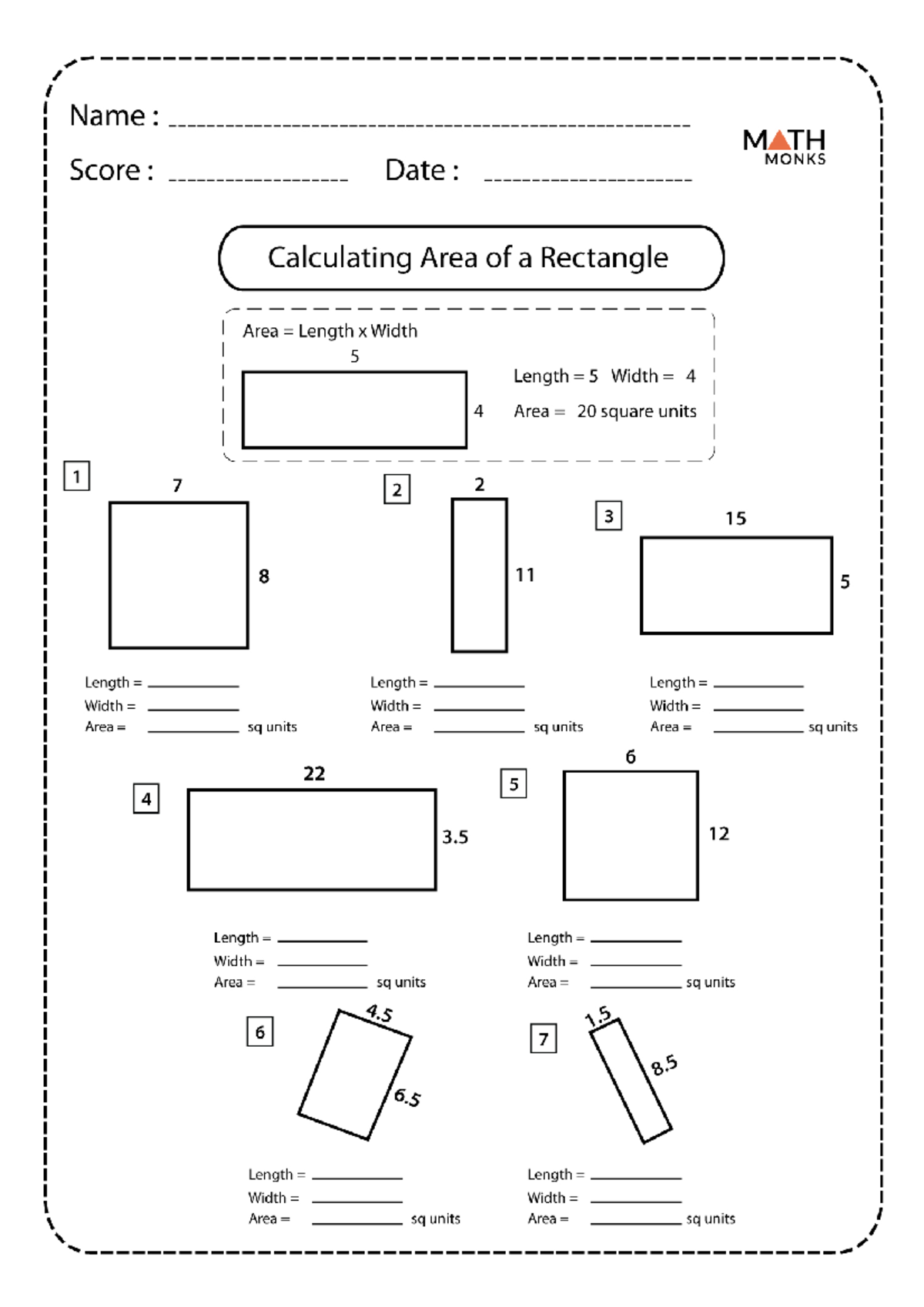 Calculating Area of a Rectangle Worksheets - Math 3 ddddd - Name : MATH ...