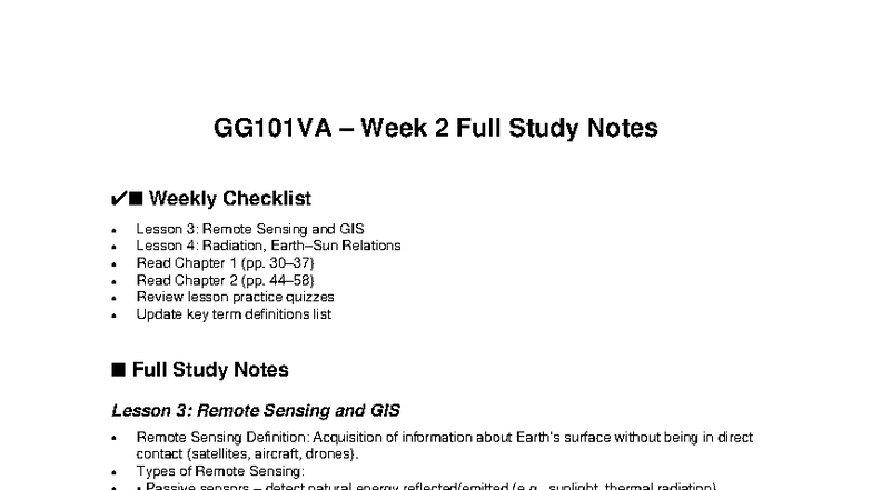 GG101VA Week 2 Full Study Notes: Remote Sensing & GIS Insights - Studocu