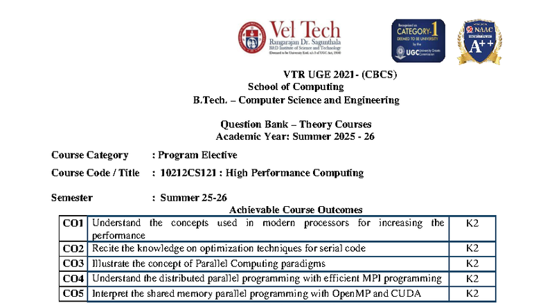 10212CS121: High Performance Computing Question Bank - Studocu