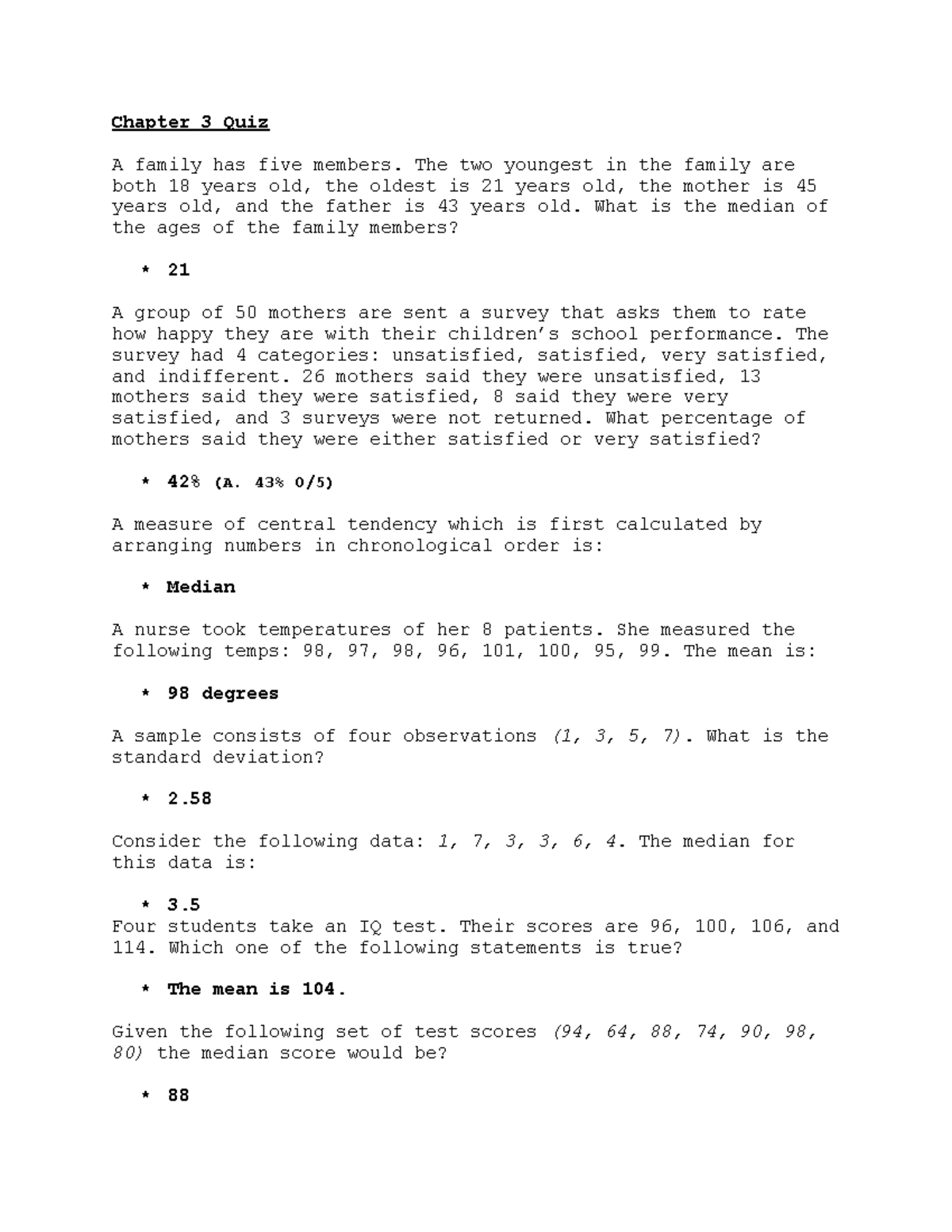 Chapter 3 Quiz: Measures of Central Tendency and Data Analysis - Studocu