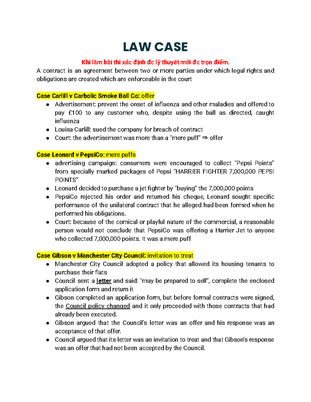LAW CASE STUDY: Key Contract Law Principles and Landmark Cases - Studocu