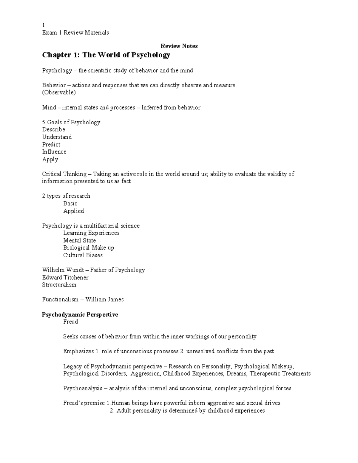 PSY 101 Exam 1 Review Notes: The World of Psychology - Studocu