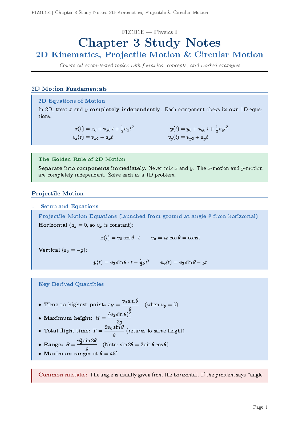 FIZ101E Chapter 3 Study Notes: 2D Kinematics & Projectile Motion - Studocu