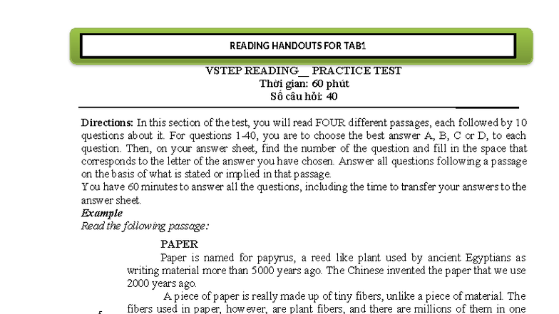 TAB1 VSTEP READING PRACTICE TEST - READING HANDOUT 4 - Studocu