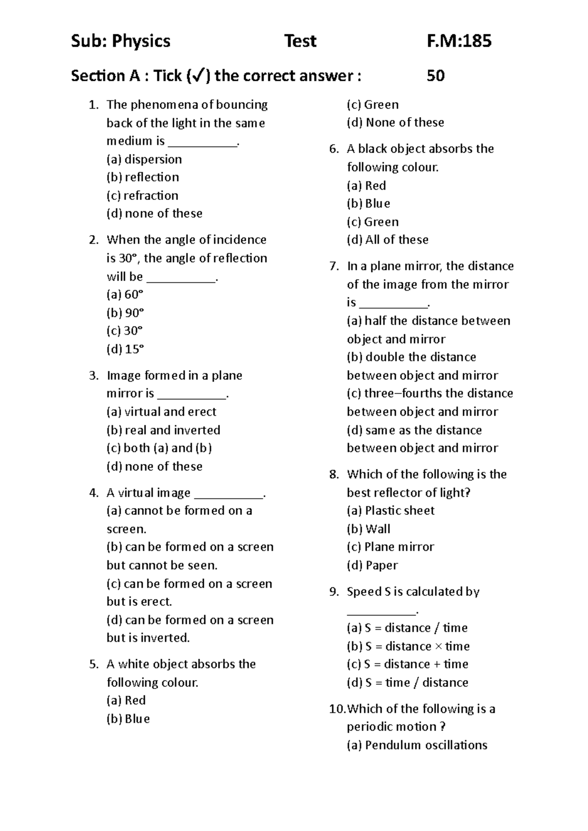 Physics Test F.M:185 - Section A, B & C Questions and Answers - Studocu