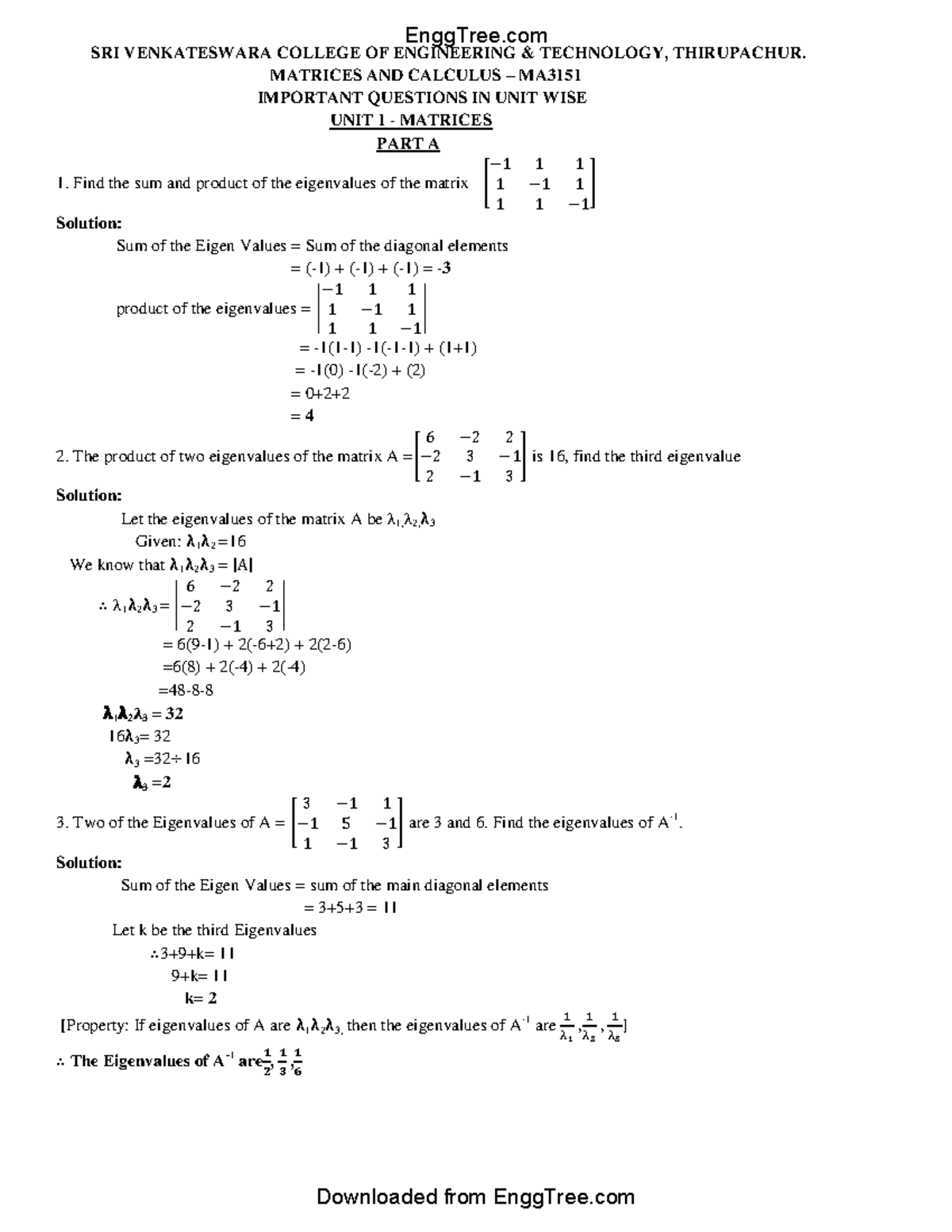 MA3151 Matrices and Calculus Important Unit-Wise Questions 2 - Studocu