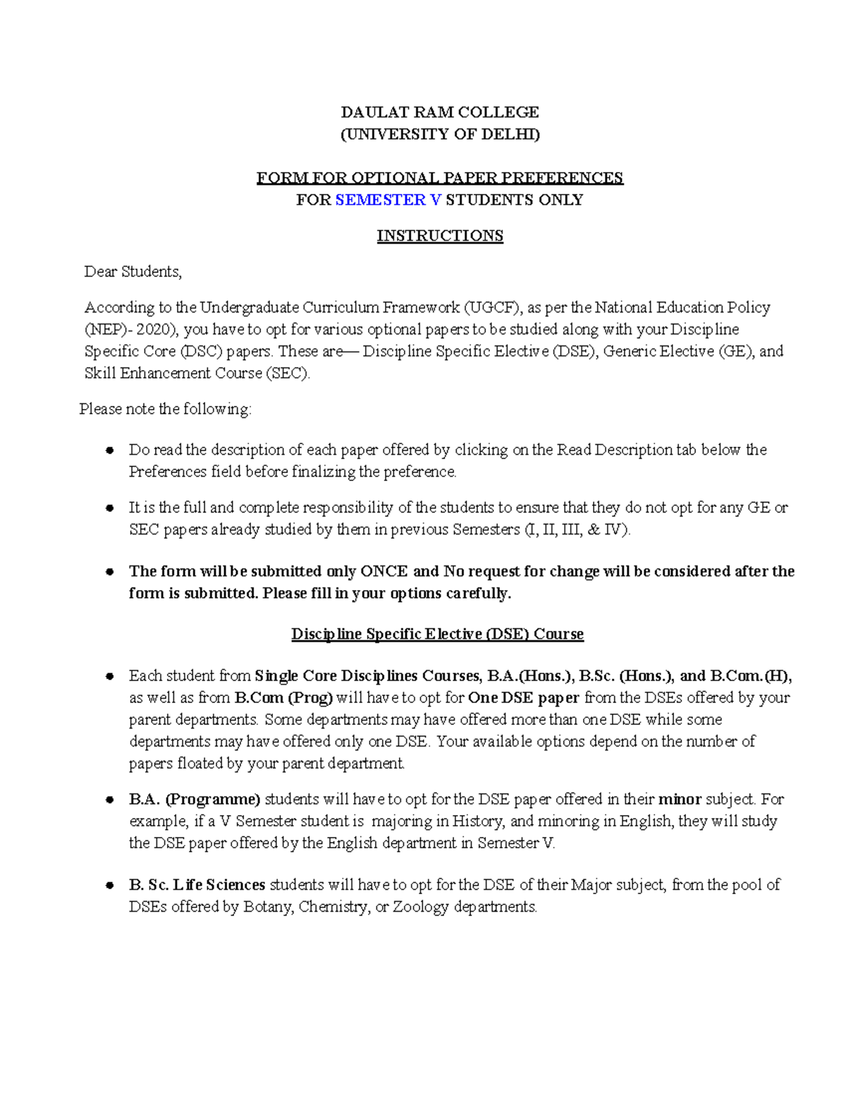 DRC 2025: Semester V Optional Paper Preferences Instructions - Studocu