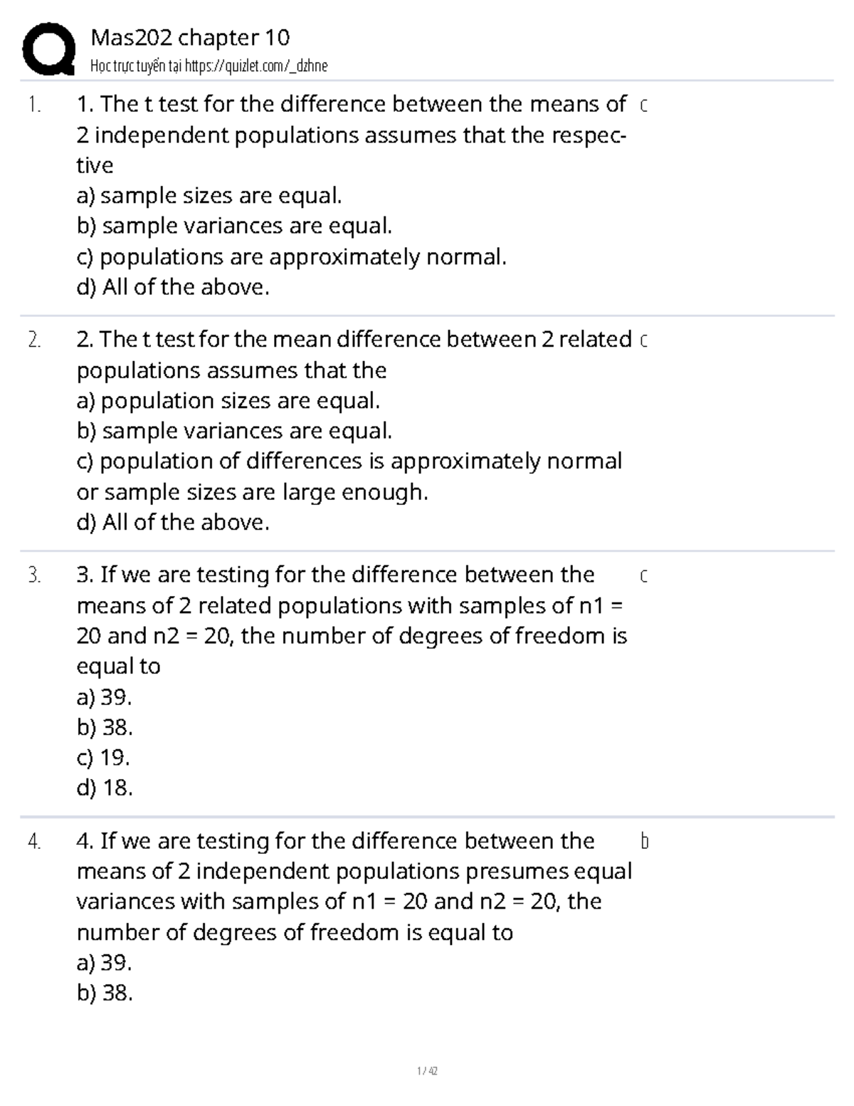Mas202 Chapter 10 Review: T-Tests and Hypothesis Testing - Studocu