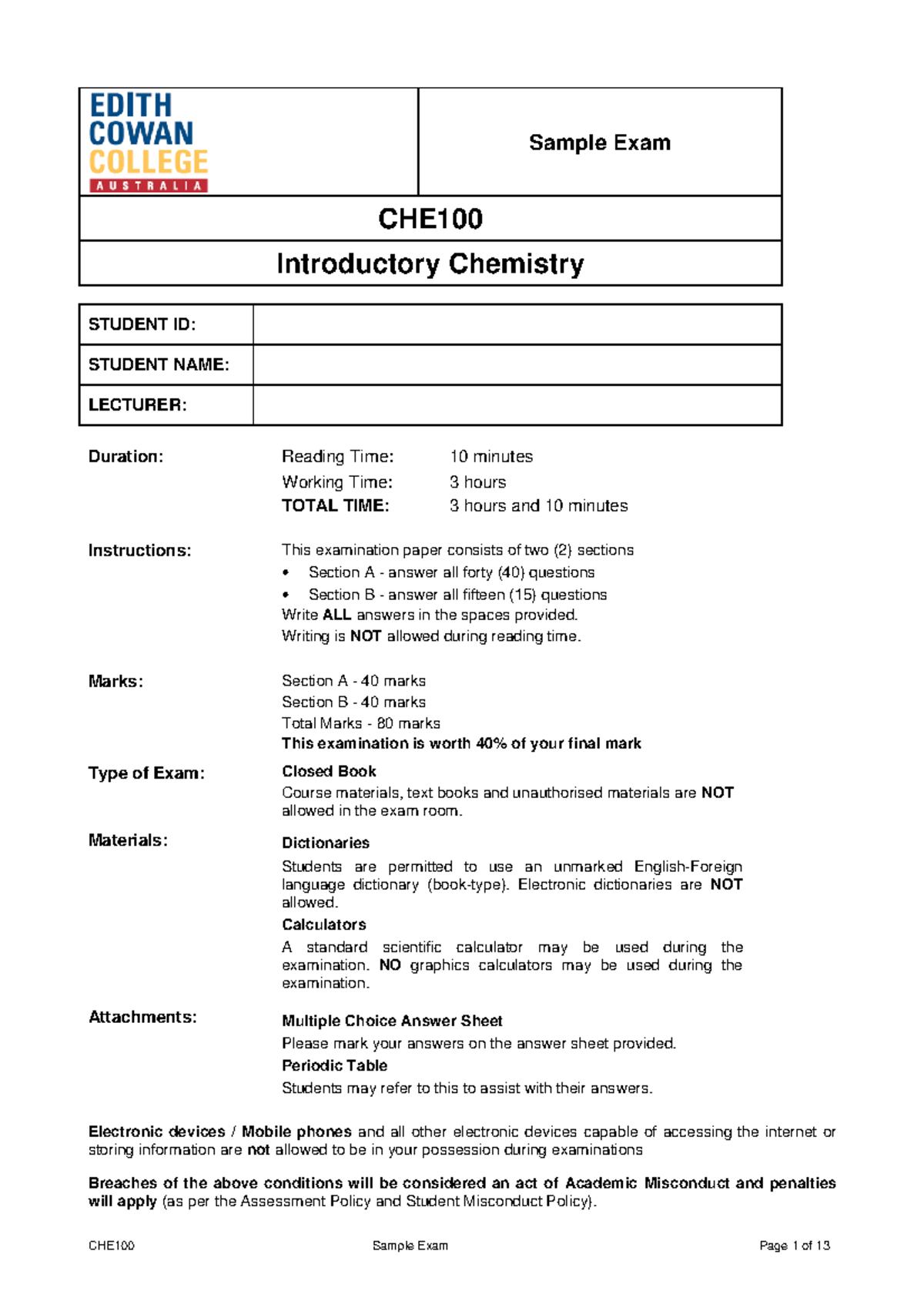 CHE100 - Final Exam Sample - Chemistry Worksheets and Questions - Document Preview