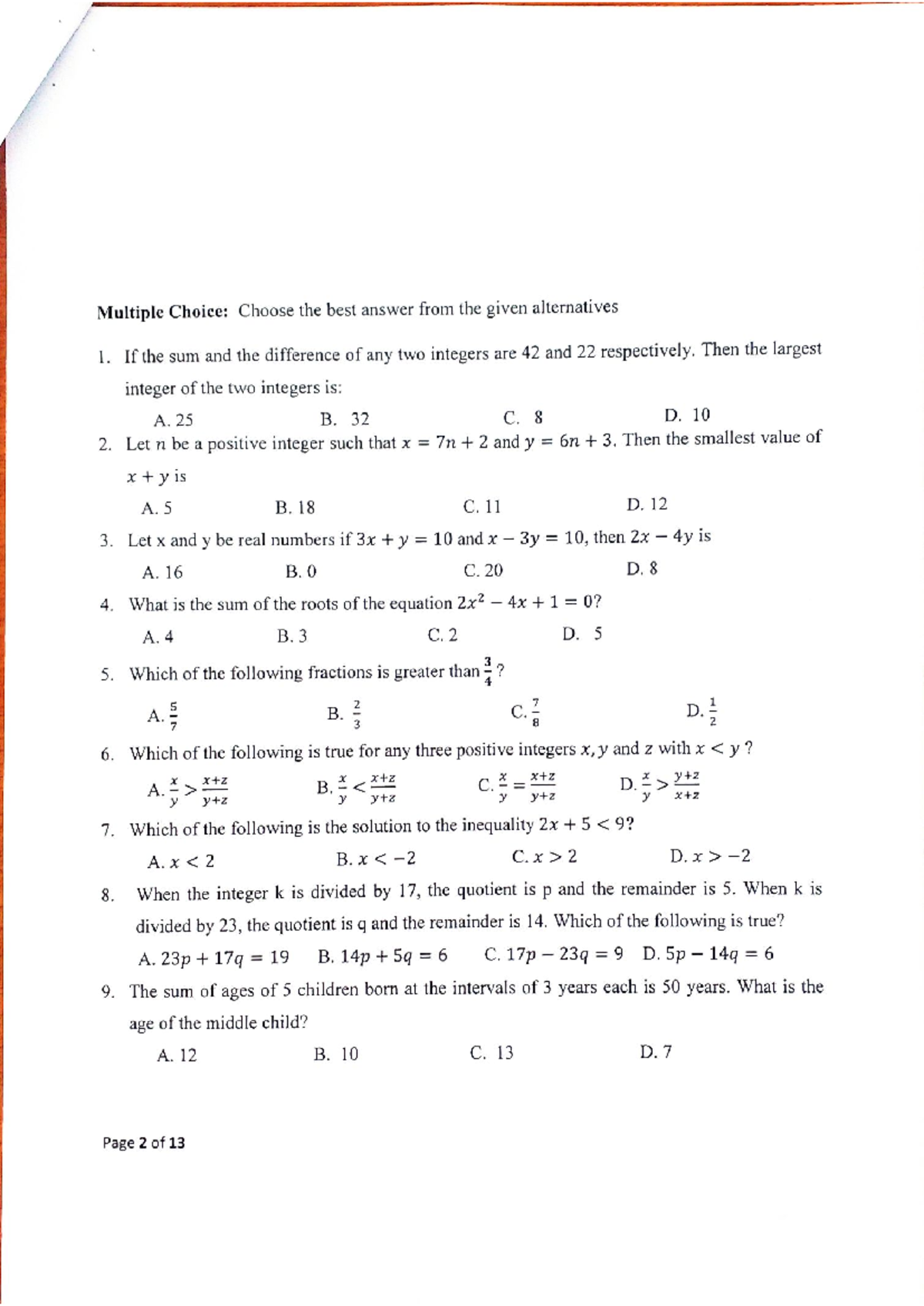 Sample Mathematics GAT Exam 1: Multiple Choice Questions - Studocu