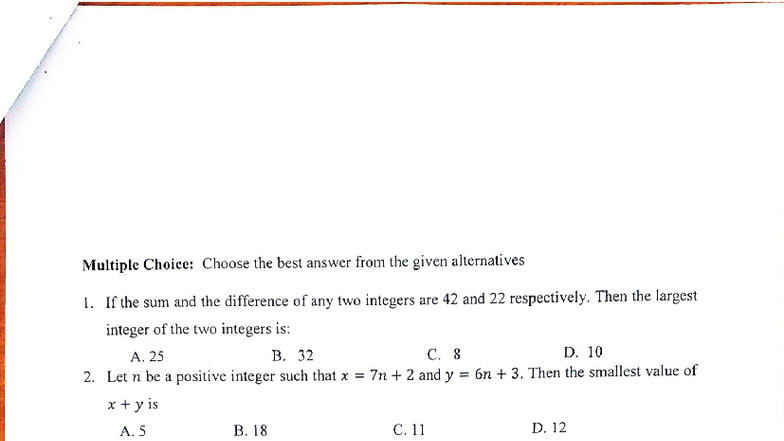 Sample Mathematics GAT Exam 1: Multiple Choice Questions - Studocu