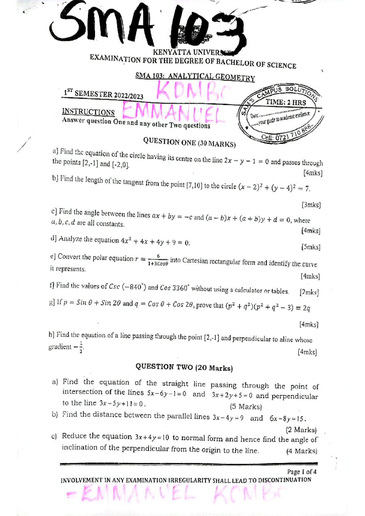 SMA 103: Revision Papers Overview for Combo Courses - Studocu