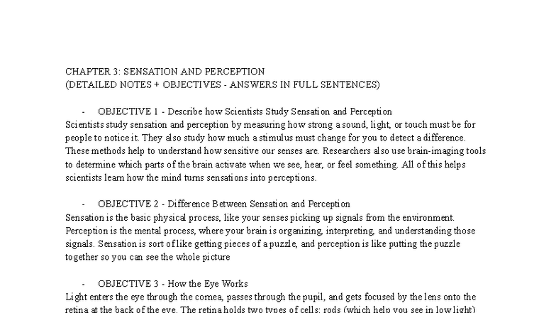 Psych 101: Chapter 3 - Sensation and Perception Detailed Notes - Studocu