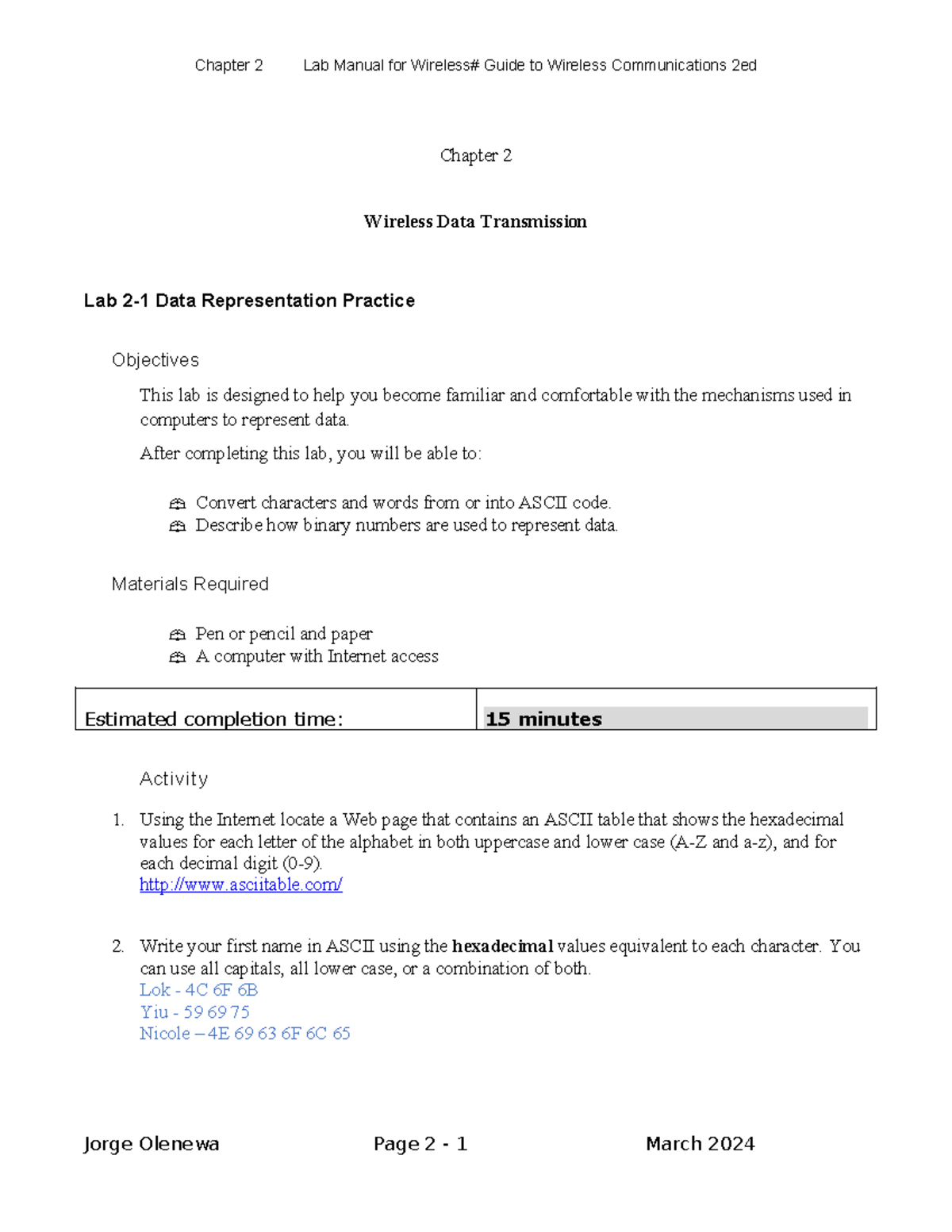 Chapter 2 Labs3 - Chapter 2 Wireless Data Transmission Lab 2-1 Data ...