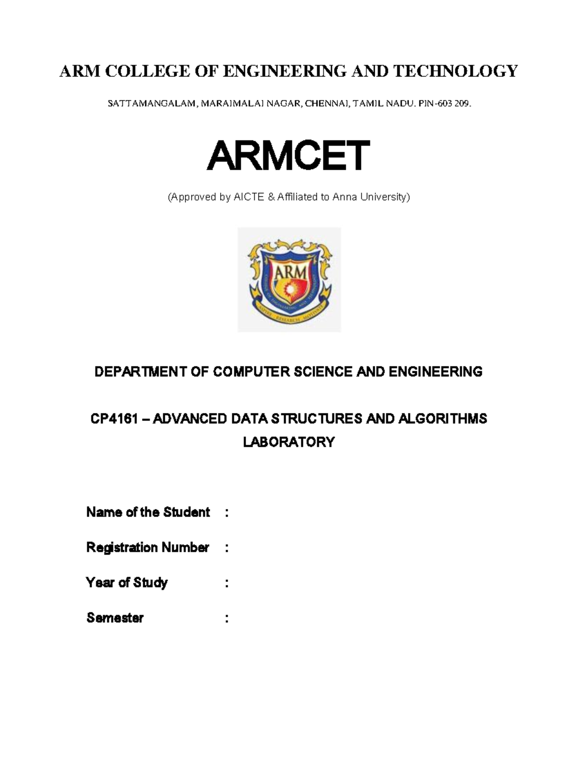 CP4161 ADS LAB Manual - ARM COLLEGE OF ENGINEERING AND TECHNOLOGY ...