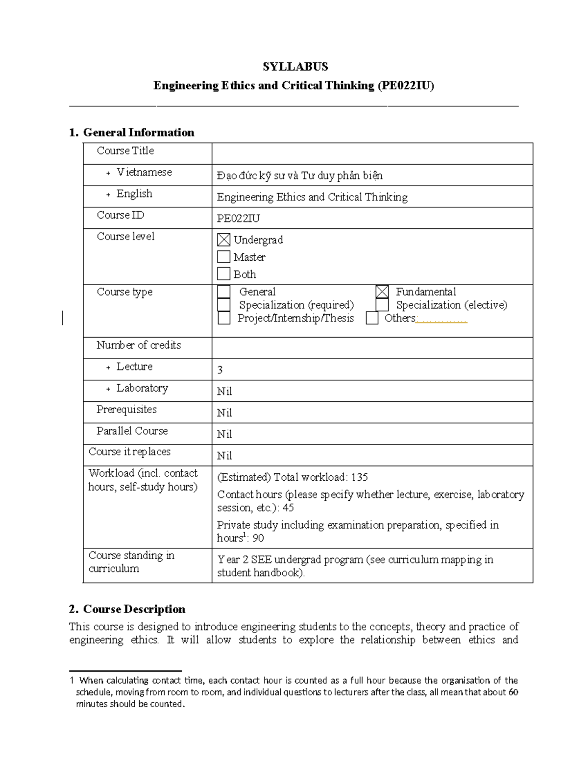 PE022IU Syllabus: Engineering Ethics & Critical Thinking Overview - Studocu