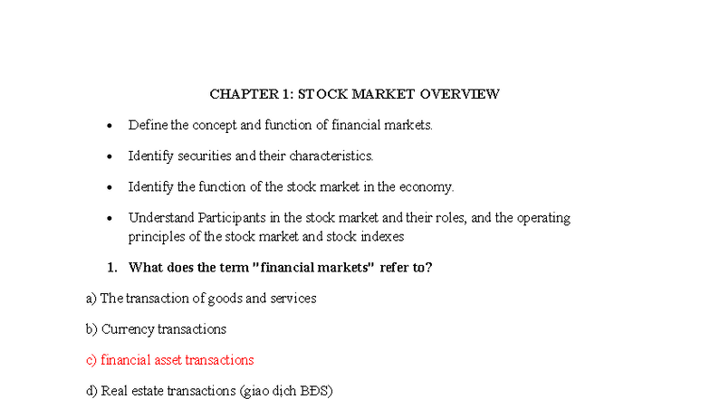 CHAPTER 1: STOCK MARKET OVERVIEW - Key Concepts and Functions - Studocu