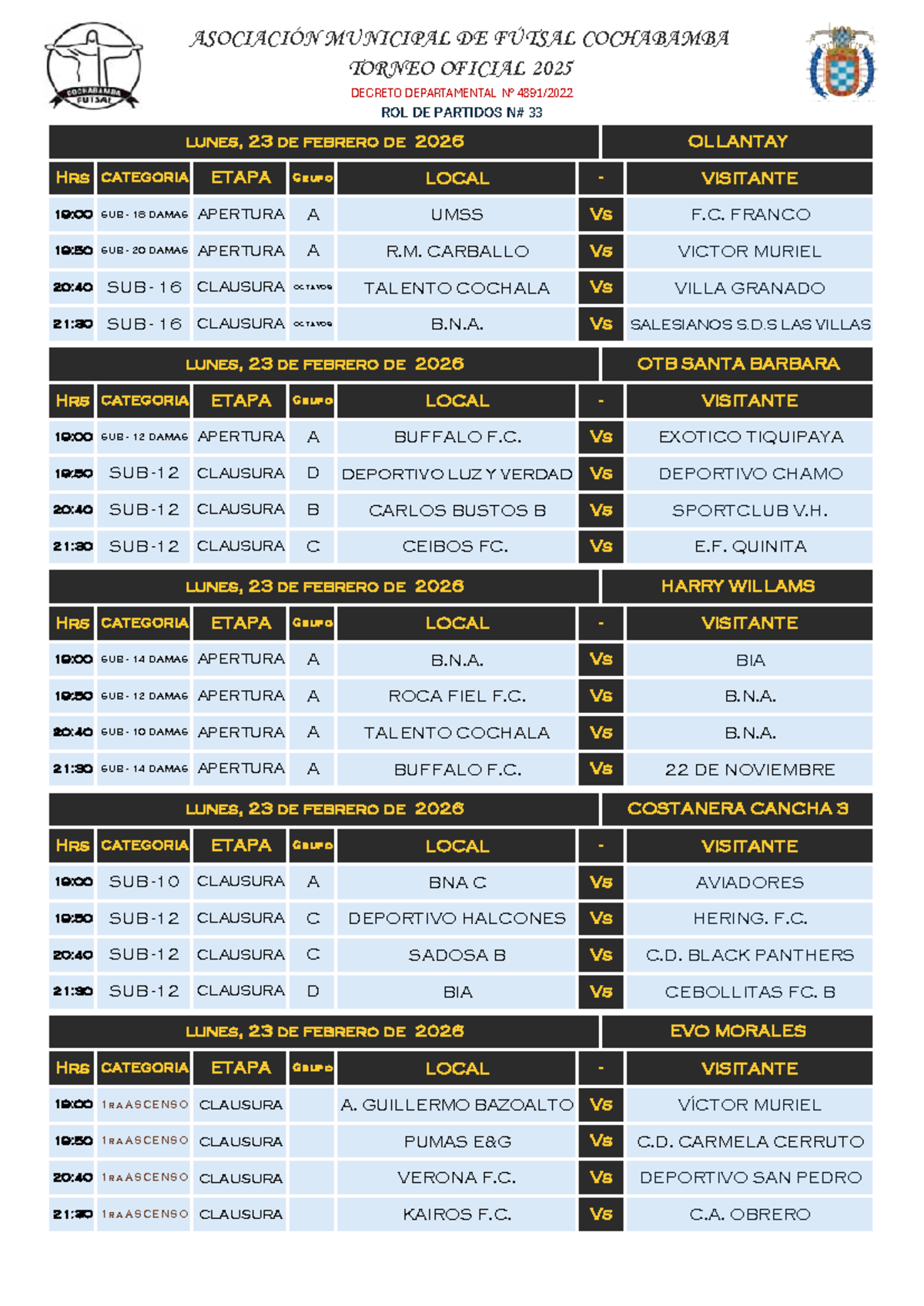 Torneo Oficial de Futsal Cochabamba 2025 - Rol de Partidos 33 - Studocu
