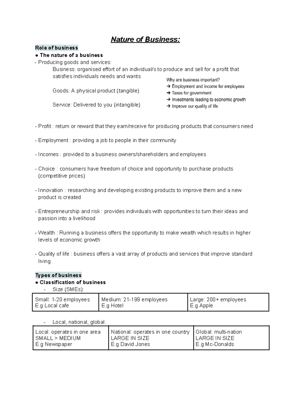 Business Preliminary Notes: Understanding the Nature and Role of ...