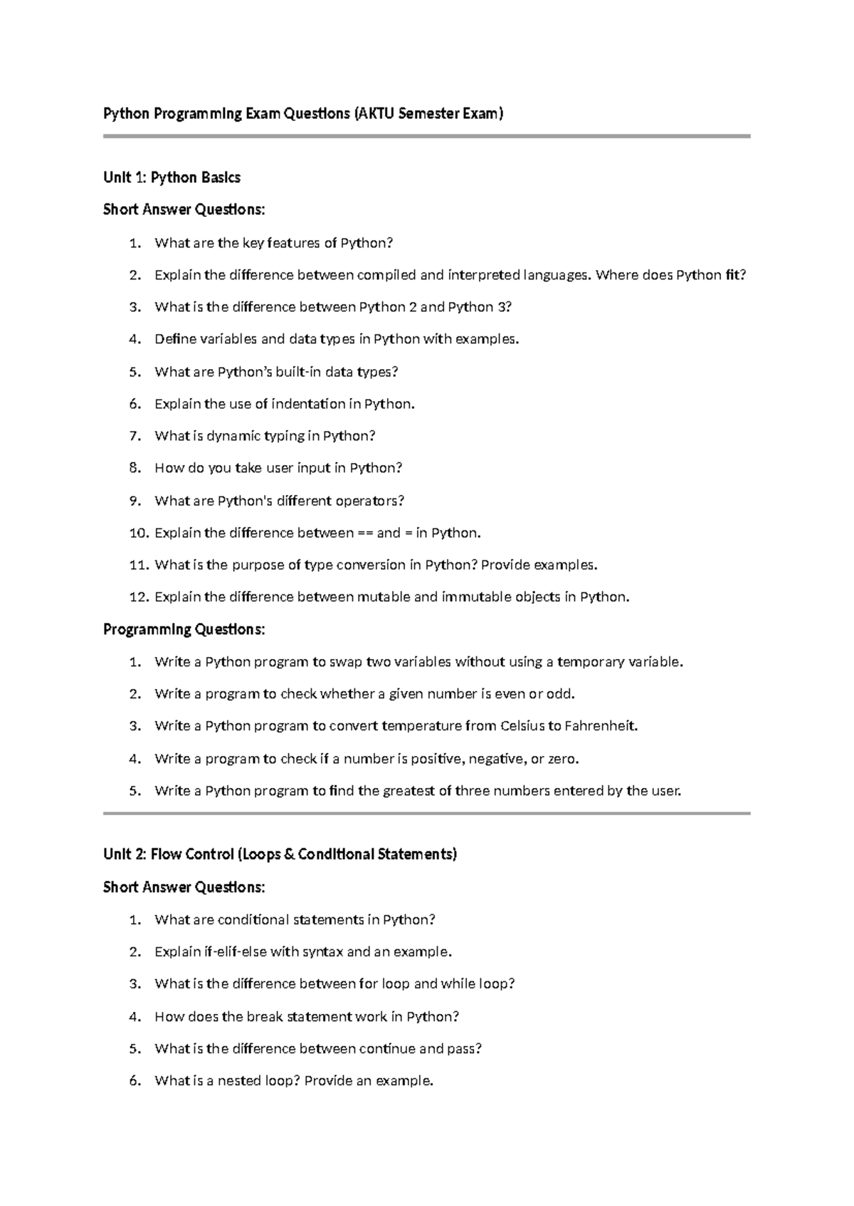Python Programming Exam Questions (AKTU Sem Exam) - Units 1-3 - Studocu