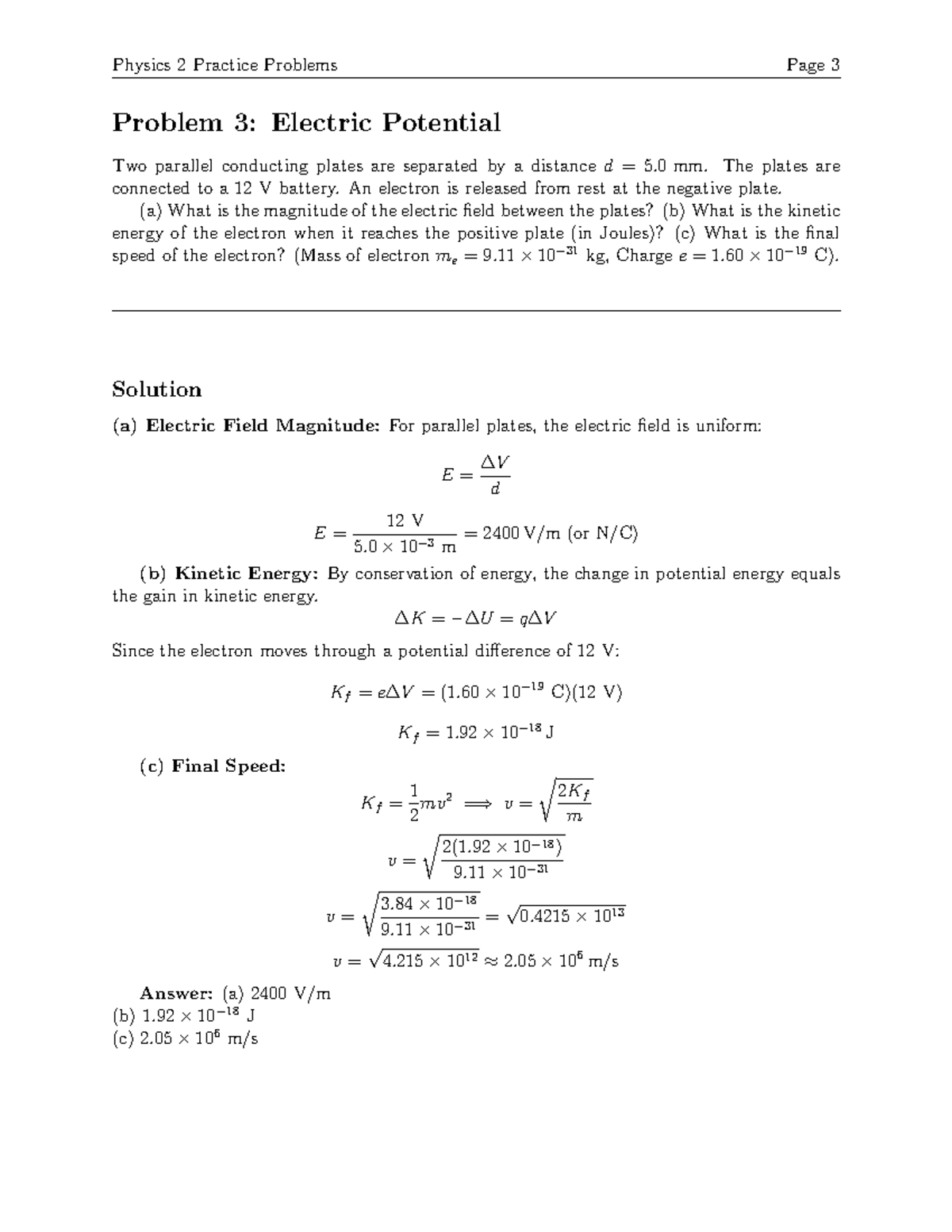 Physics 2 Final Exam Practice Problems: Electric Potential Analysis ...
