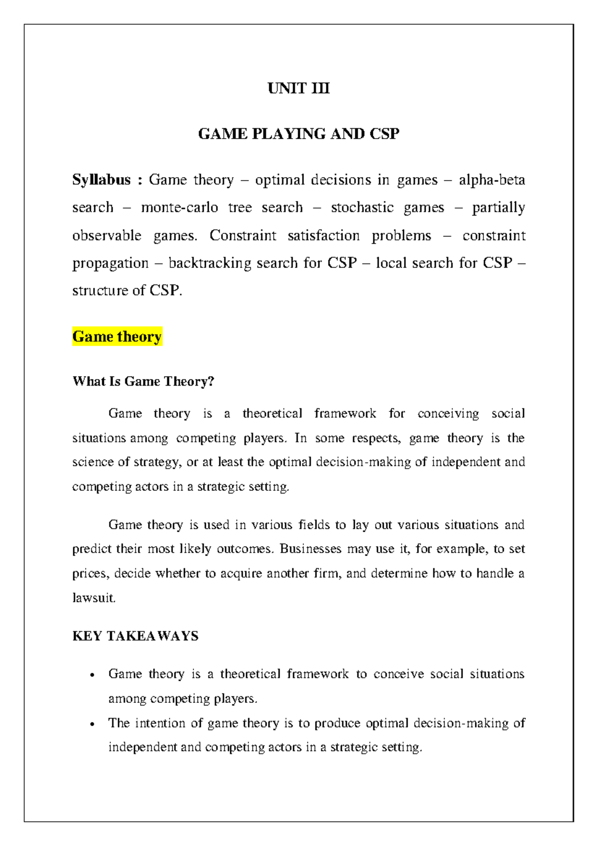 AI Unit 3 - Game Playing & CSP Notes for Exam Preparation - Studocu