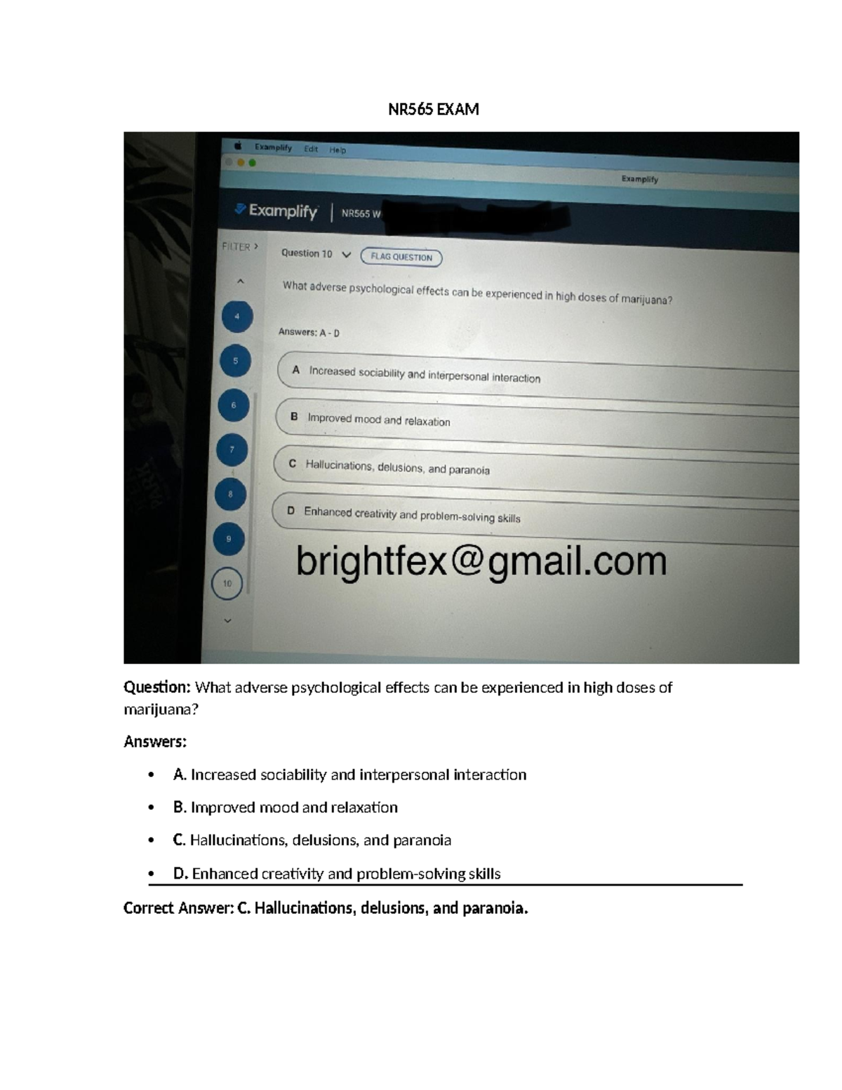 NR565 EXAM: Adverse Psychological Effects of High-Dose Marijuana