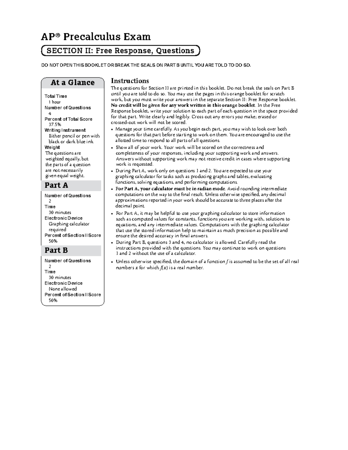 AP Precalculus Practice Exam 1: Free Response Questions - Studocu