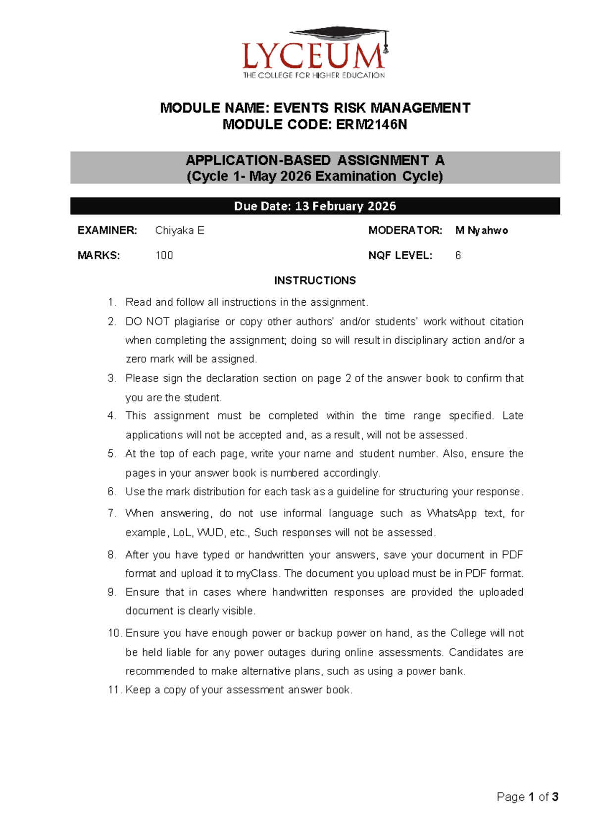 ERM2146N Assignment A: Event Risk Management Strategies for May 2026 ...