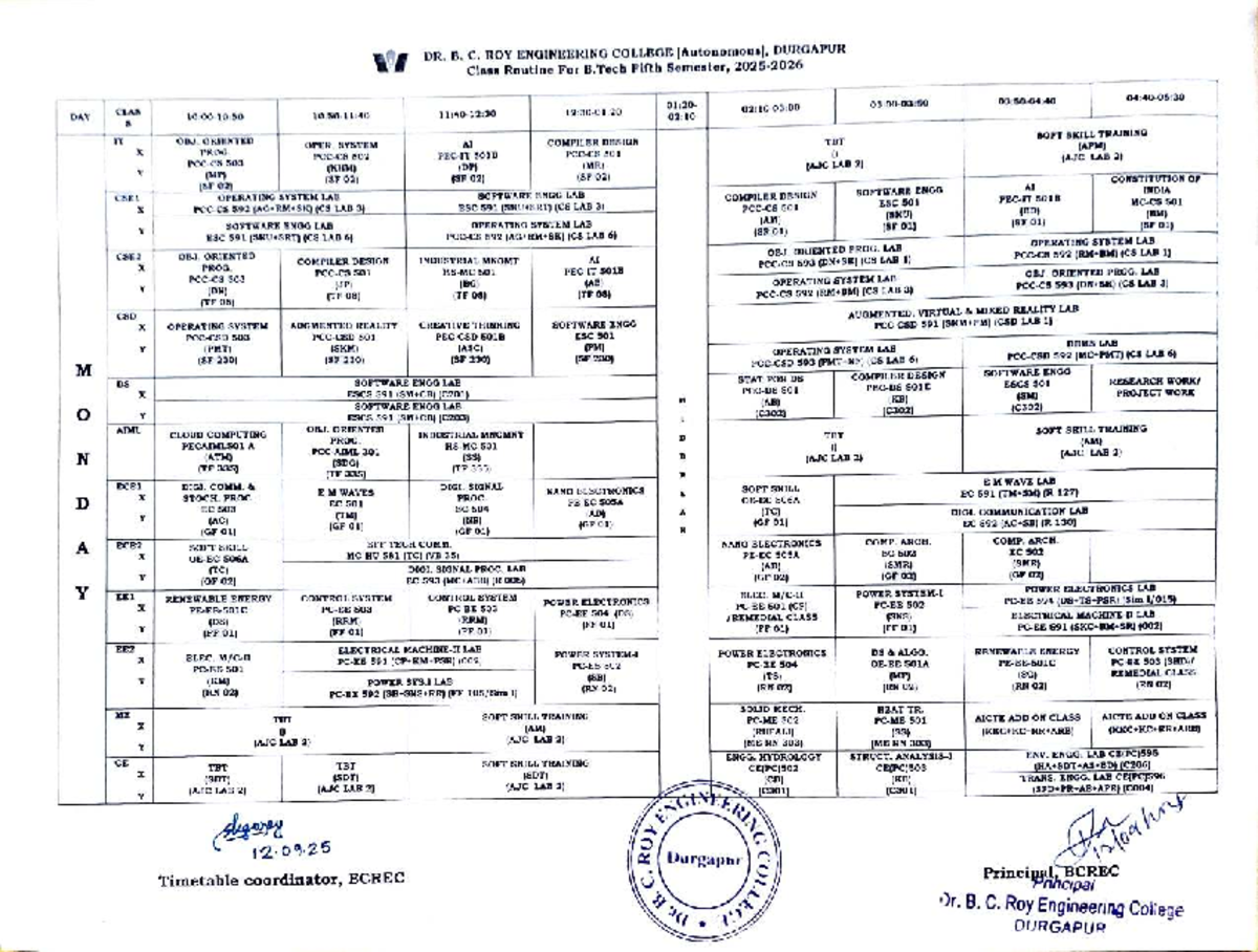 B.Tech 5th Semester Class Routine (2025-26) - Final Version - Studocu