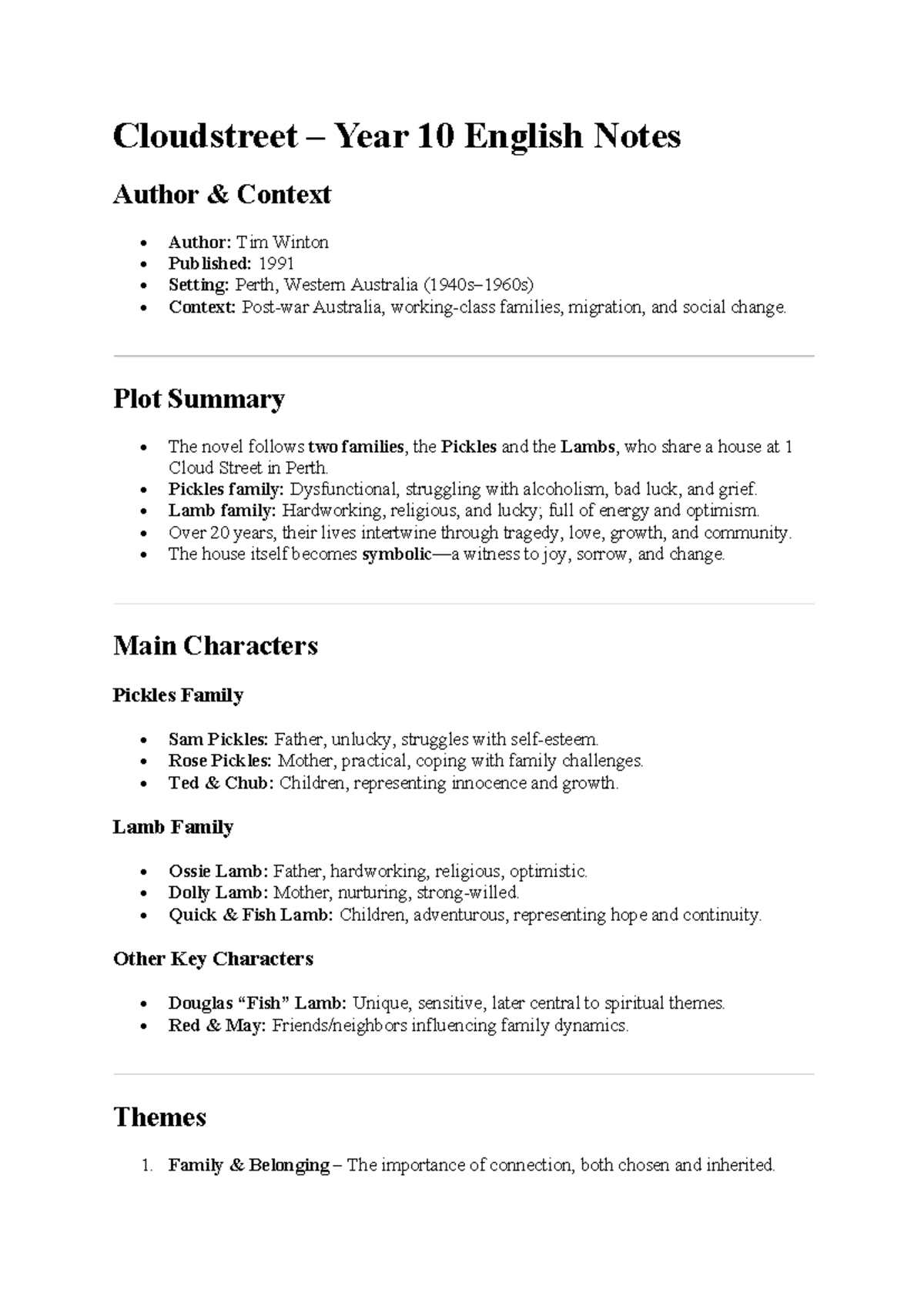 Cloudstreet Year 10 English Notes: Themes & Characters Overview - Studocu