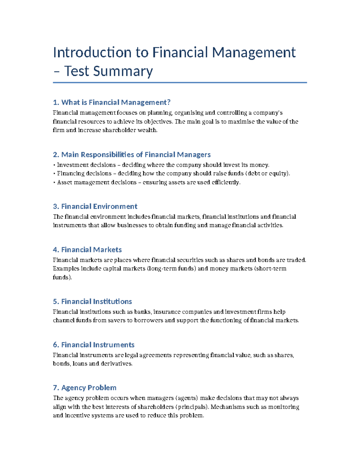 FIN 101: Introduction to Financial Management Test Summary - Studocu