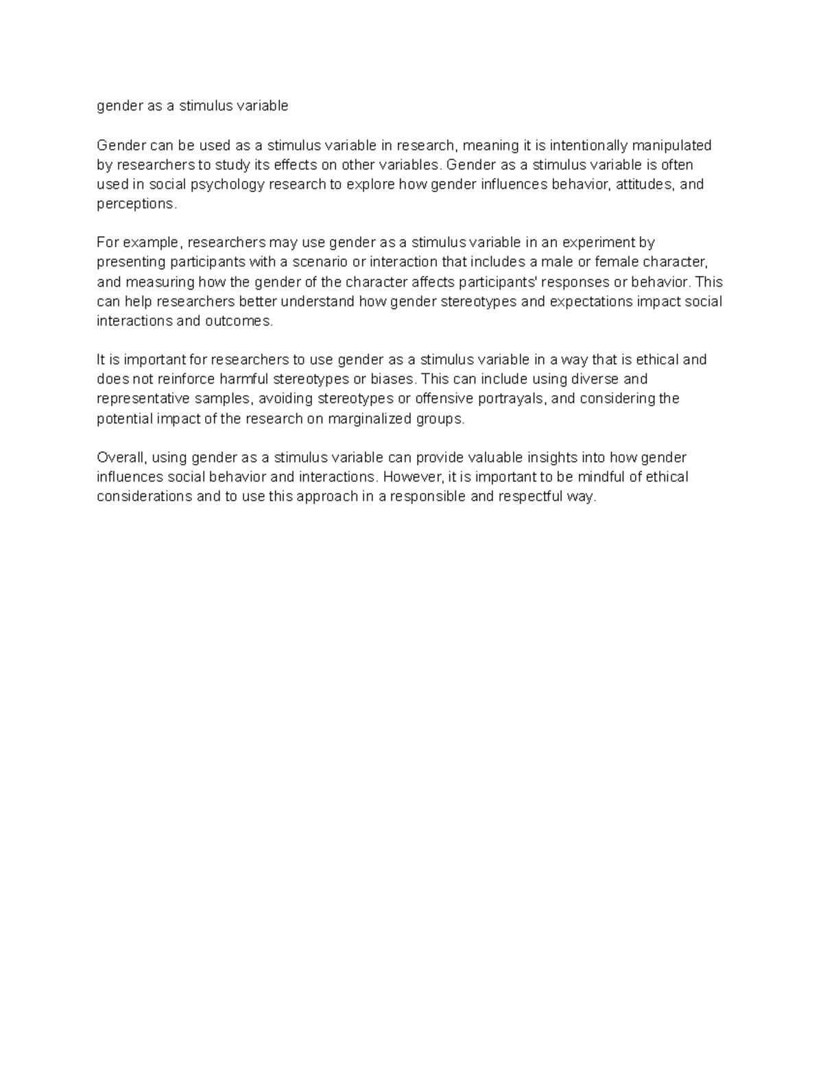 PSY 101: Gender as a Stimulus Variable in Social Psychology Research ...