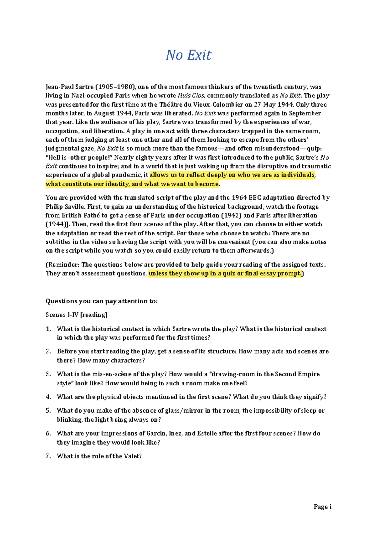 4 JP Sartre - No Exit - Assigned Reading Analysis and Reflection - Studocu