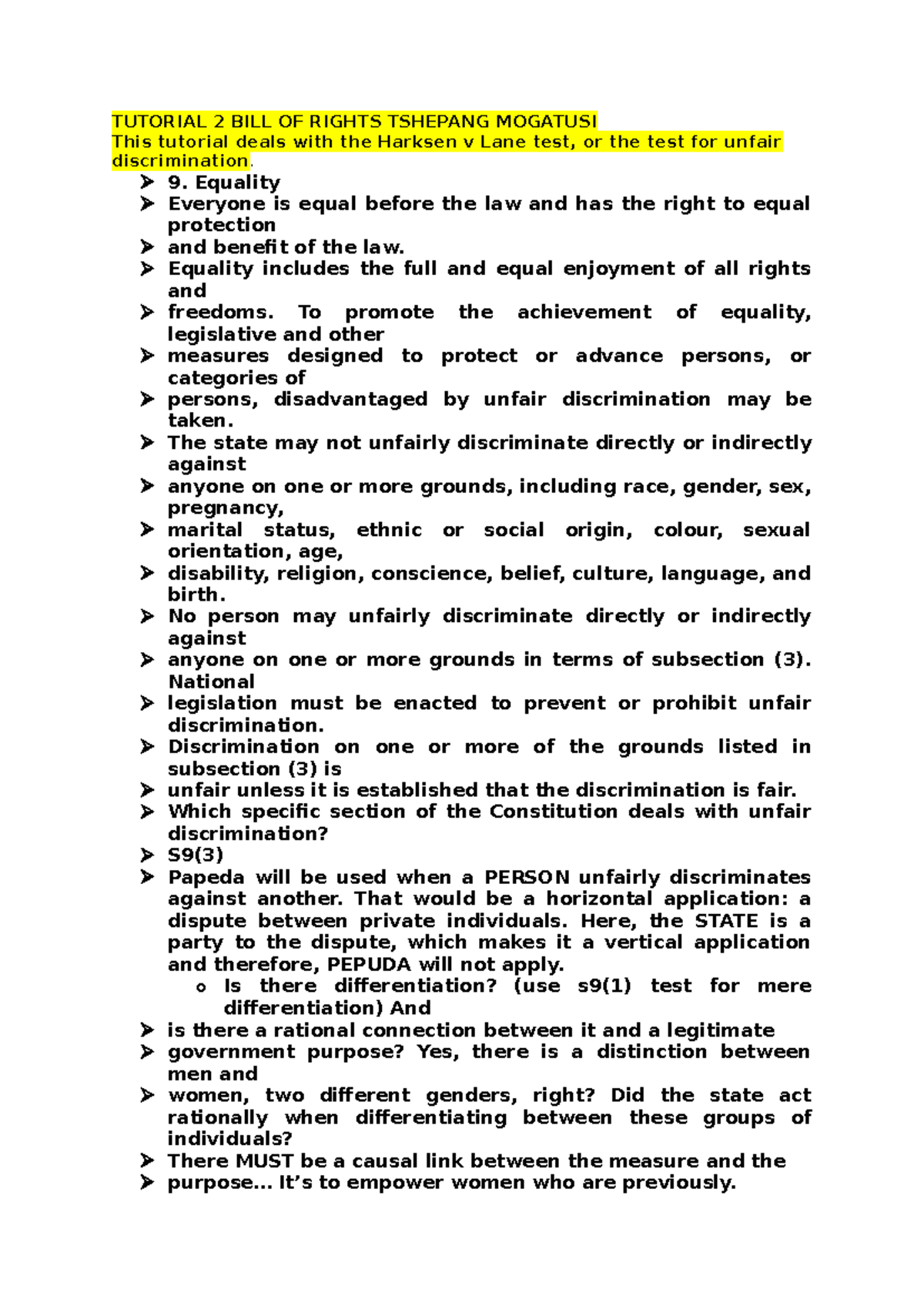 Tutorial 2: Bill of Rights - Unfair Discrimination Analysis - Studocu