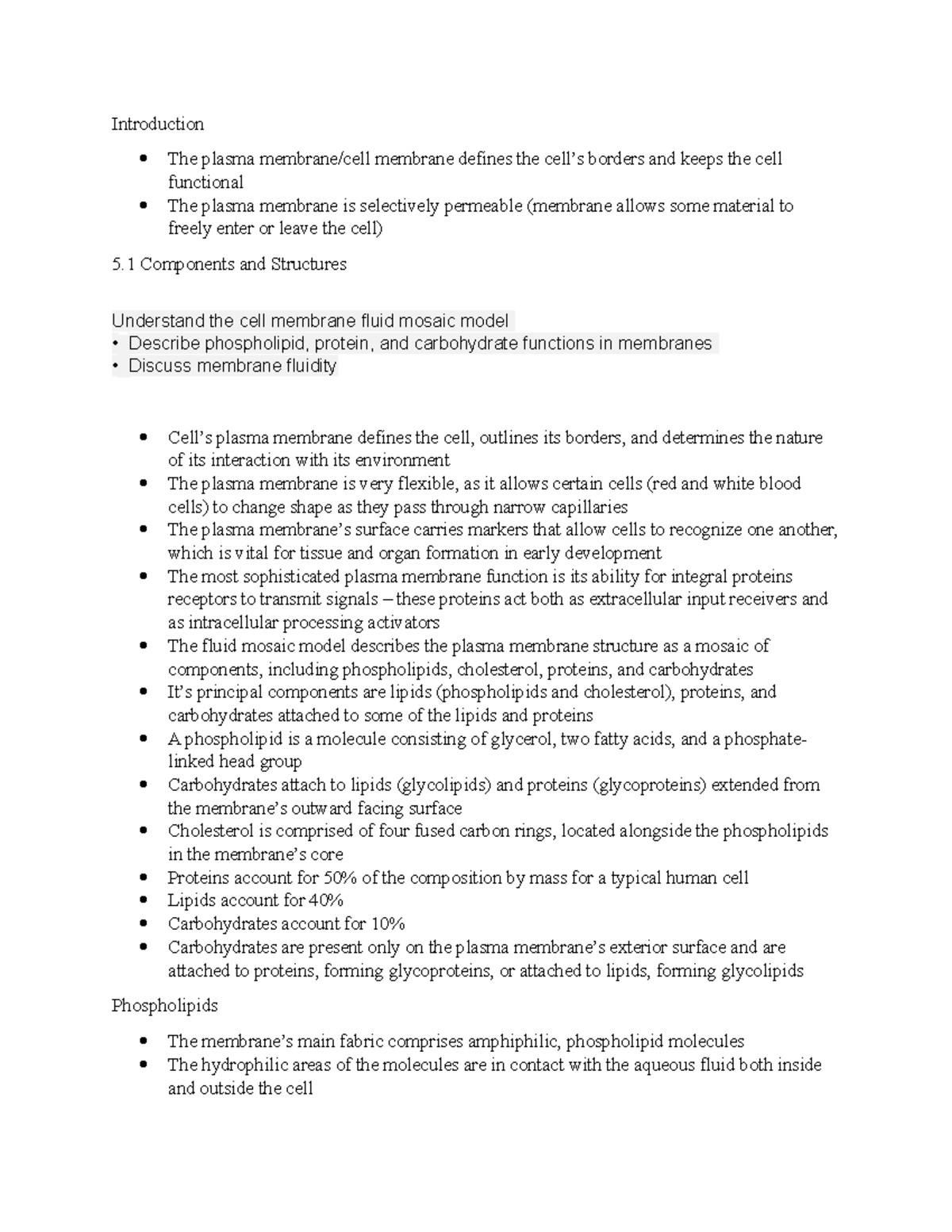 5.1 Structure of Plasma Membrane Notes - Introduction The plasma ...