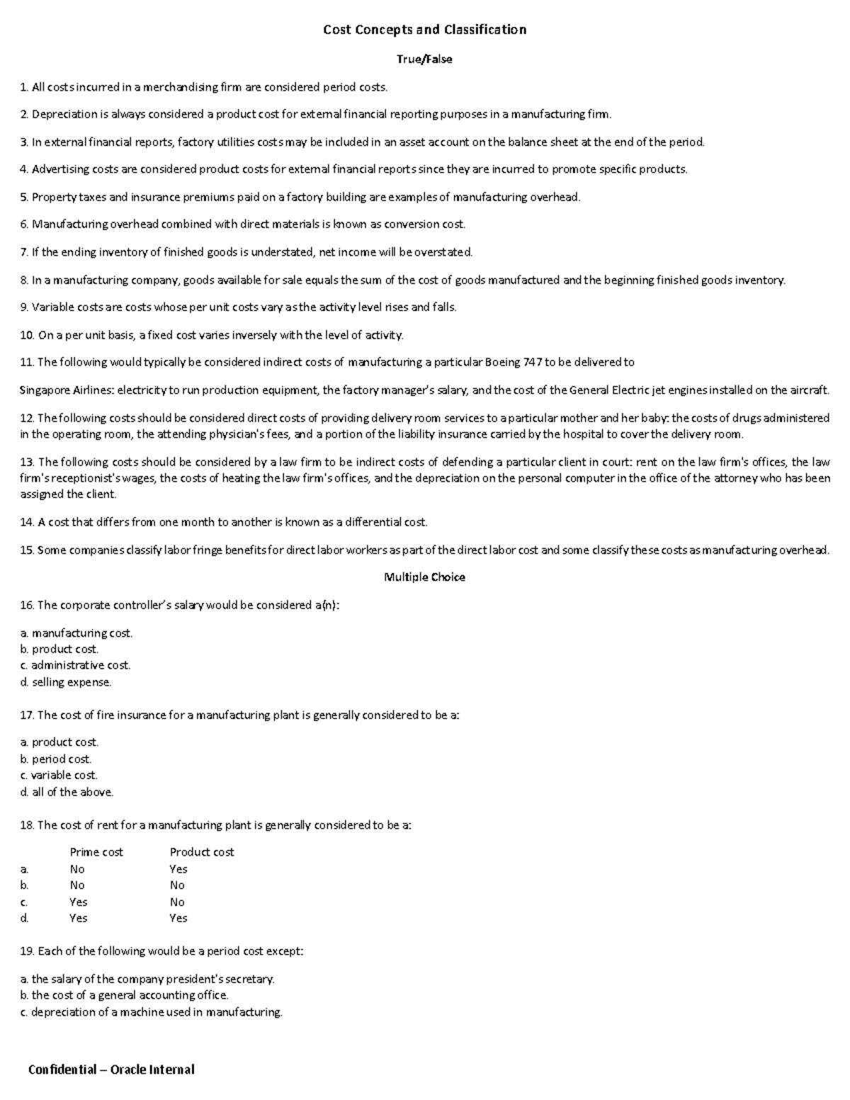 Acctg 9 - Sample Quiz on Cost Classification and Concepts - Studocu