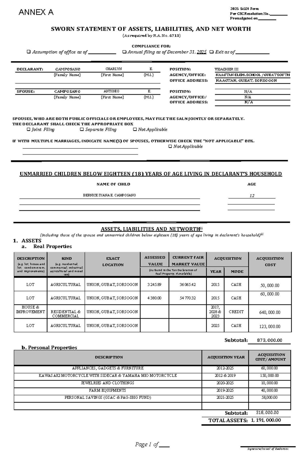 2025 SALN Form and Annexes Compliance per CSC Resolution - Studocu