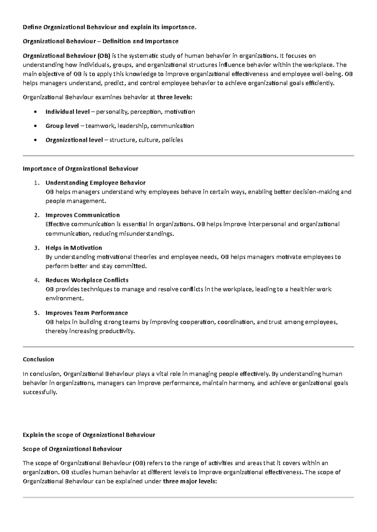 OB - Understanding Organizational Behavior and Its Importance - Studocu