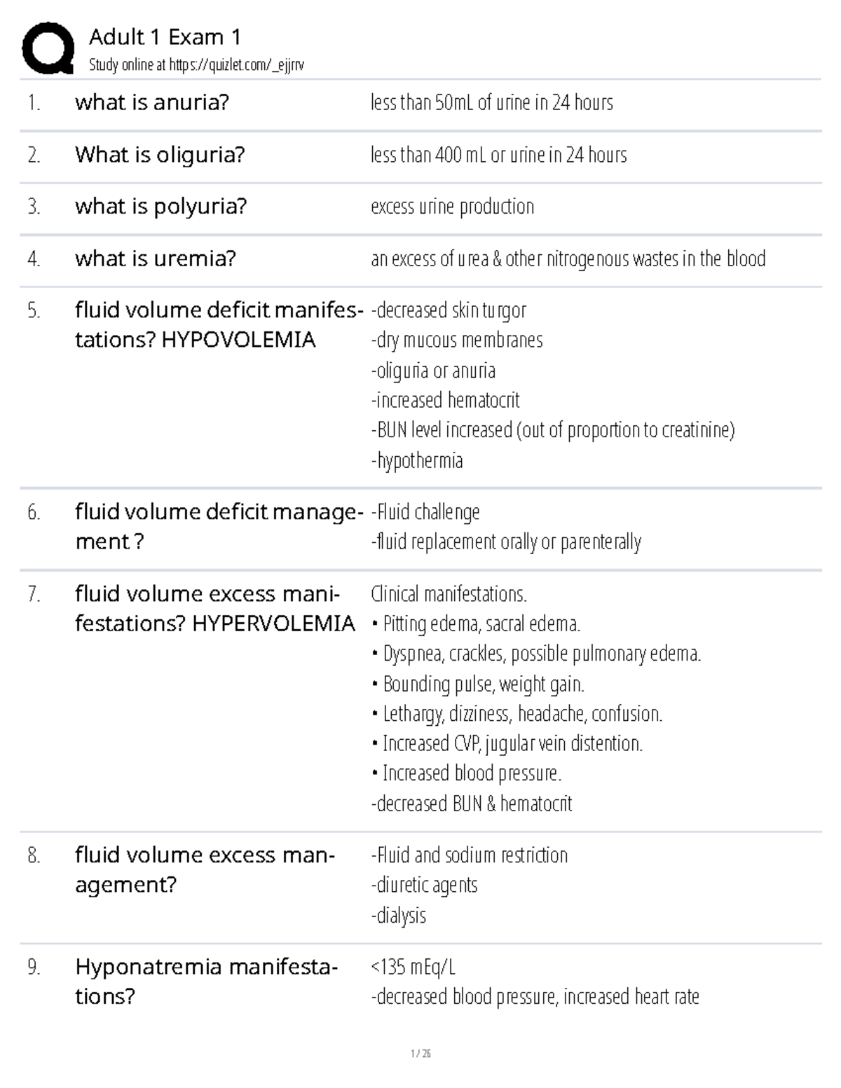 Adult 1 Exam 1: Fluid and Electrolyte Imbalance Study Guide - Studocu