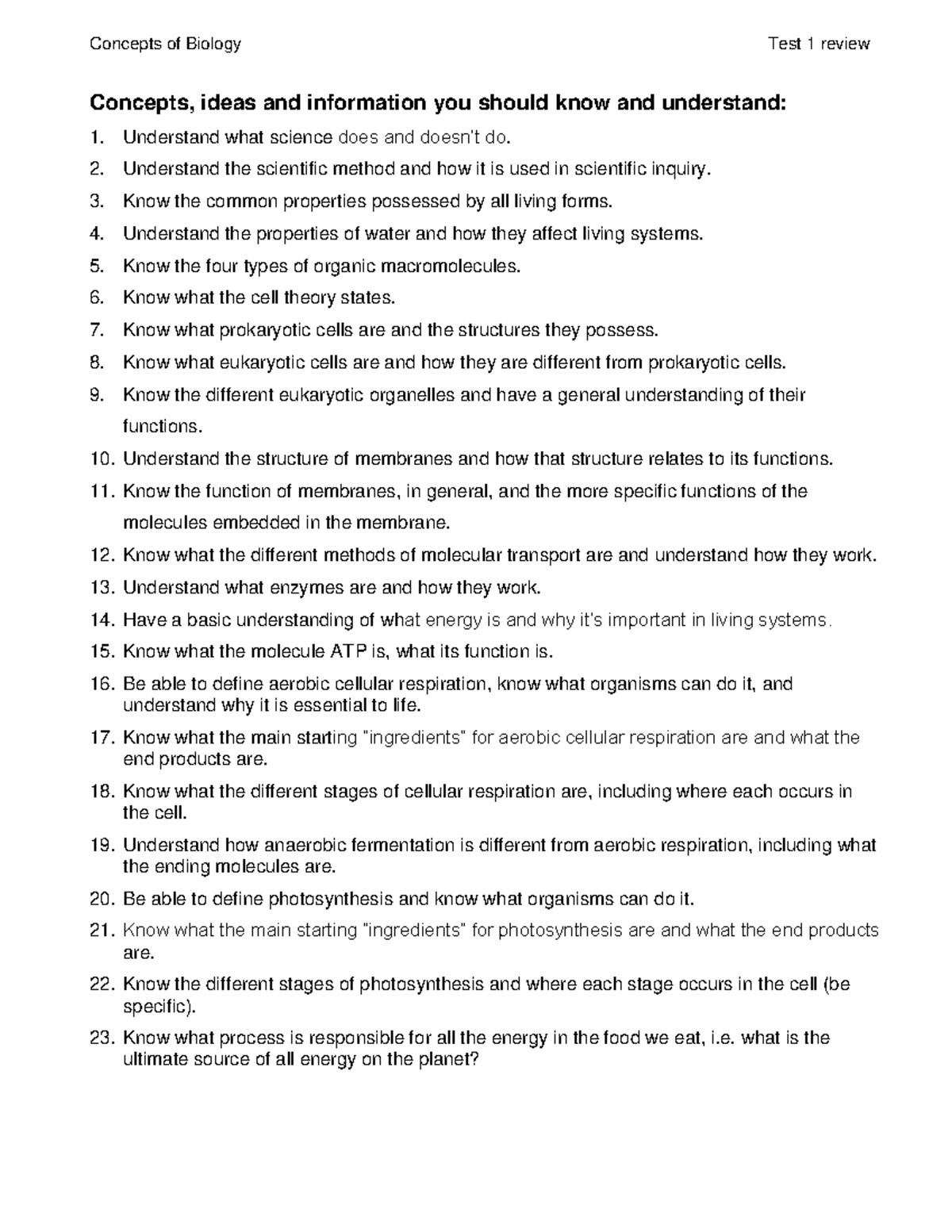 BIO 101: Concepts of Biology Test 1 Study Guide Review - Studocu