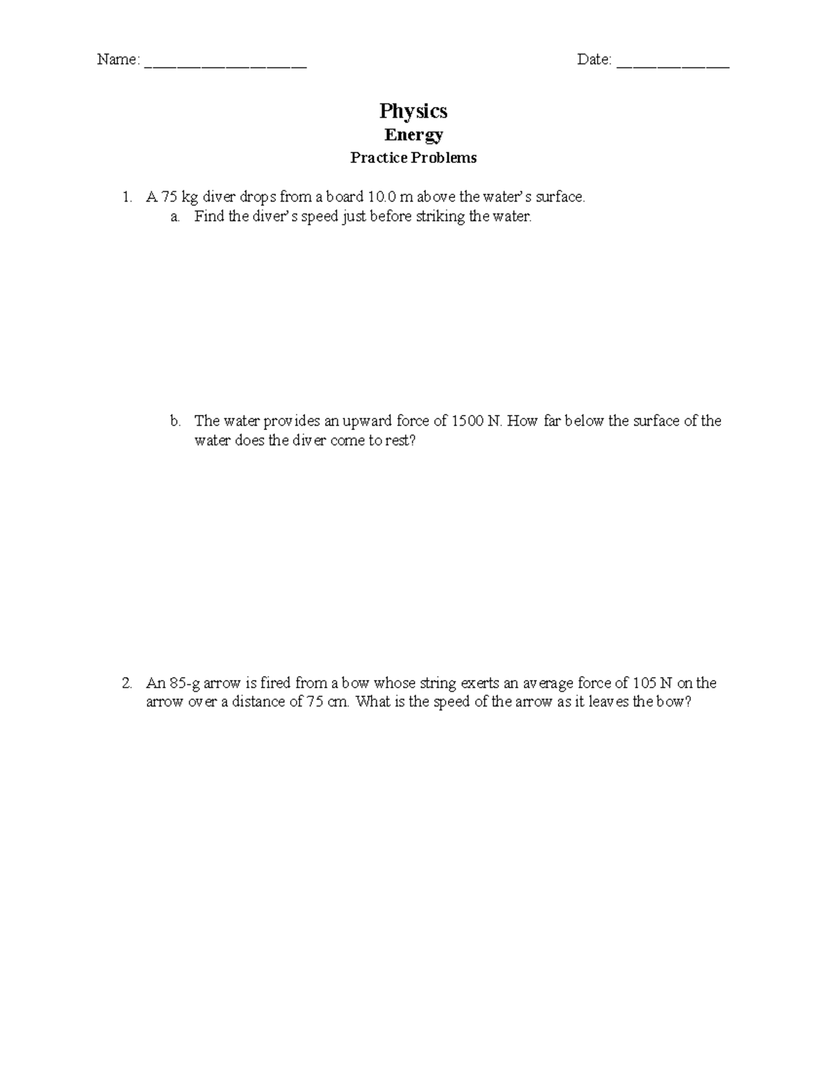 Physics 101: Energy Practice Problems Handout - Studocu