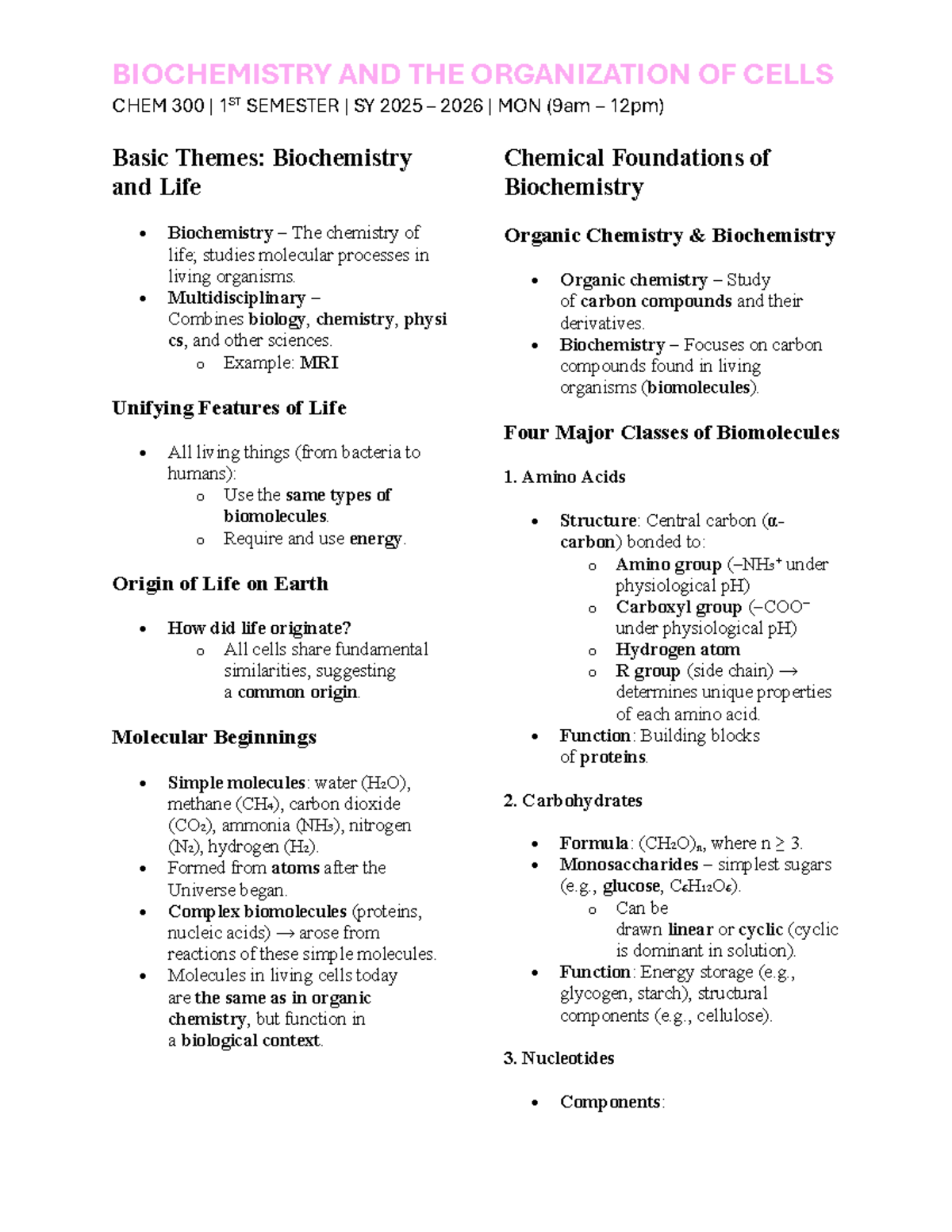 Biochemistry and Cell Organization Review - CHEM 300 1st Sem SY 2025 ...